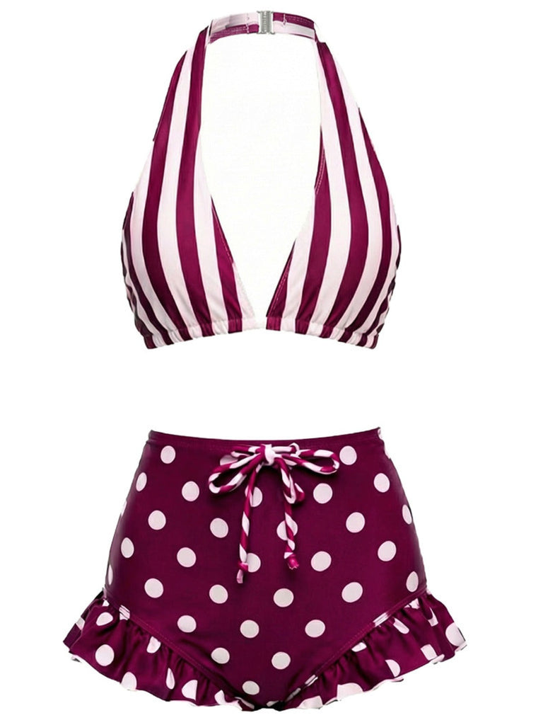 [Prévente] Maillot De Bain Rouge Et Blanc À Rayures Bretelles Nues À Pois Volants Année 1940