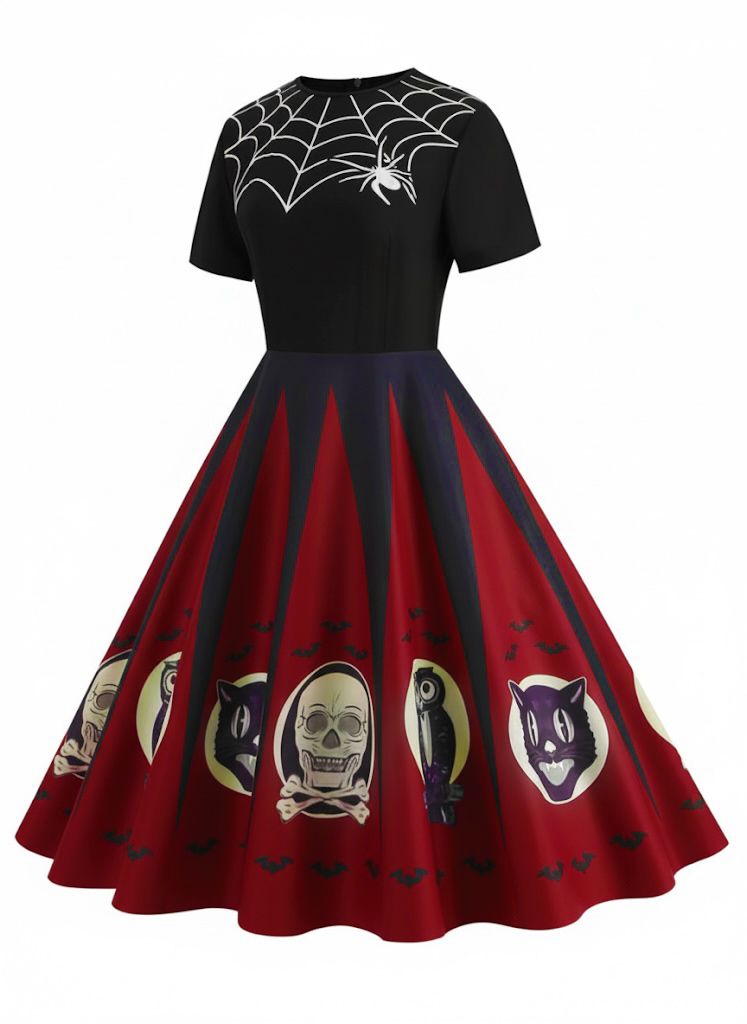 [Prévente] Robe patchwork imprimé toile d'araignée rouge pour Halloween des années 1950