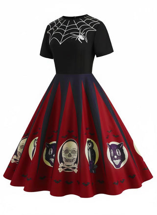 Robe patchwork imprimé toile d'araignée rouge pour Halloween des années 1950