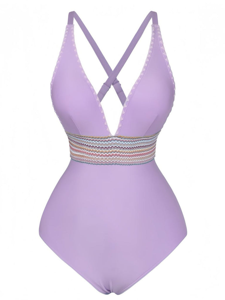 Maillot De Bain Une Pièce Col V Profond Ondulé Patchwork Année 1940