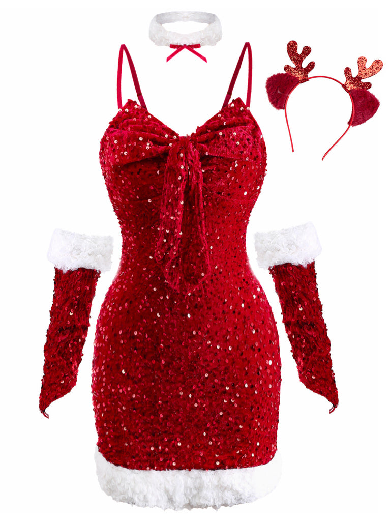 Ensemble robe rouge à paillettes torsadées Noël années 1960
