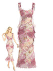 Robe longue rose poudré à volants et détails floraux années 60