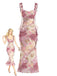 Robe longue rose poudré à volants et détails floraux années 60