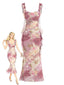 Robe longue rose poudré à volants et détails floraux années 60