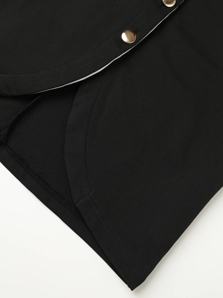 Robe moulante noire sans manches à revers et boutons années 60