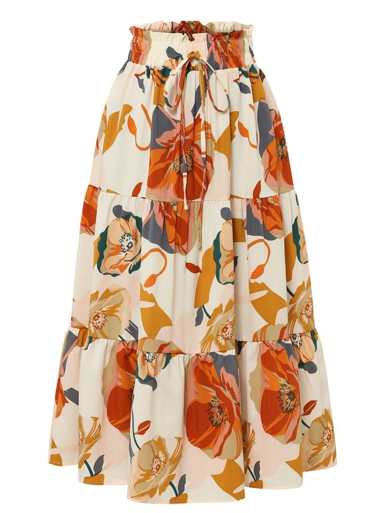 Jupe à volants style bohème à fleurs et nœud des années 1970