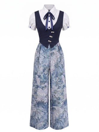 [Prévente] Combinaison Faux 3PCS Nœud Floral Bleu Années 1930
