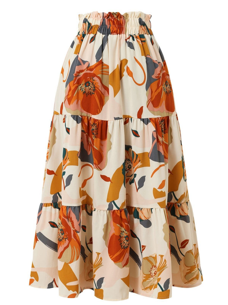 Jupe à volants style bohème à fleurs et nœud des années 1970