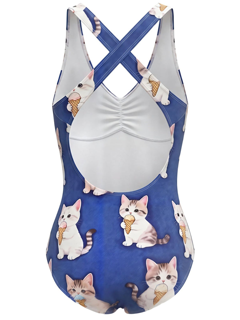 [Prévente] Maillot de Bain Une Pièce Imprimé Chat et Glace Bretelles Croisées années 60 2