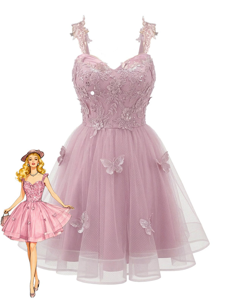 Robe courte rose à paillettes et papillons années 60