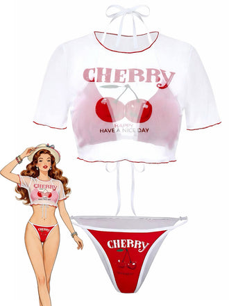 3PCS Ensemble bikini rouge nouer imprimées cerises années 1950