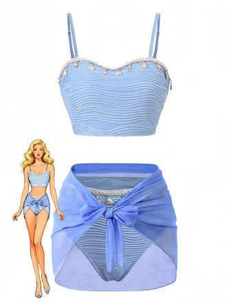 Tissu : Ensemble bikini 3 pièces en tissu coquillage bleu des années 1940, charme vintage, parfait pour les amatrices de mode vintage