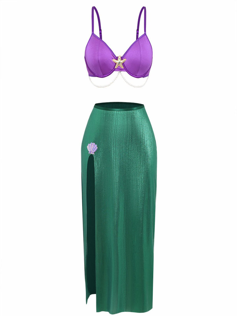 3PCS Ensemble de pyjama sirène en satin perle de mer violet années 1970