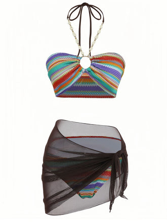 3PCS Multicolore Halter Arc-en-Ciel Rayures Bretelles Coquillage Ensemble Bikini Années 1970 2