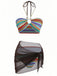 3PCS Multicolore Halter Arc-en-Ciel Rayures Bretelles Coquillage Ensemble Bikini Années 1970 2