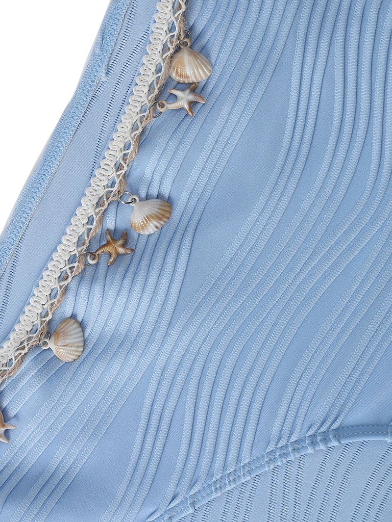 Detail: 3PCS Blue 1940s Shell Special Fabric Bikini Set, retro fashion design, perfect for vintage fashion lovers