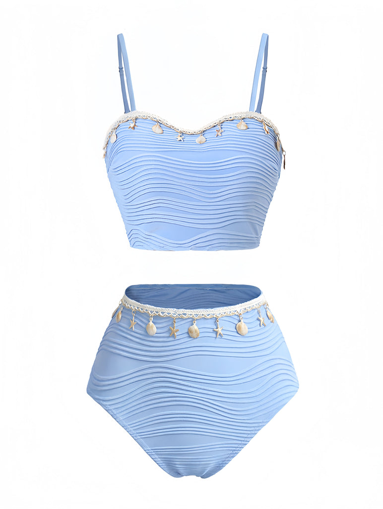 Front: 3PCS Blue 1940s Shell Special Fabric Bikini Set, timeless beauty, perfect for vintage fashion lovers