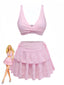 3PCS Ensemble bikini rose tissu œillet et jupe volants années 40