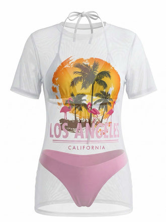 Front: 3PCS White 1970s Beach Coconut Tree Bikini Set, retro fashion design, perfect for vintage fashion lovers