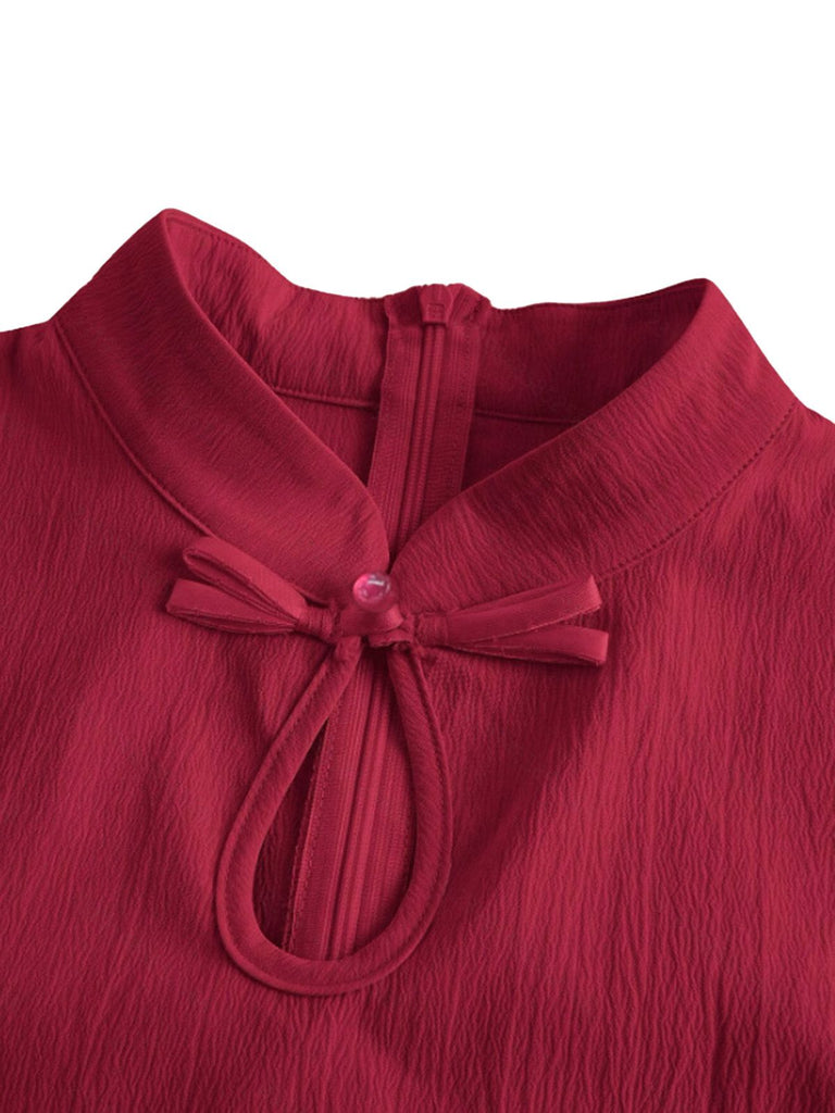 Robe À Ligne A Rouge Manches Courtes Col Montant Années 50