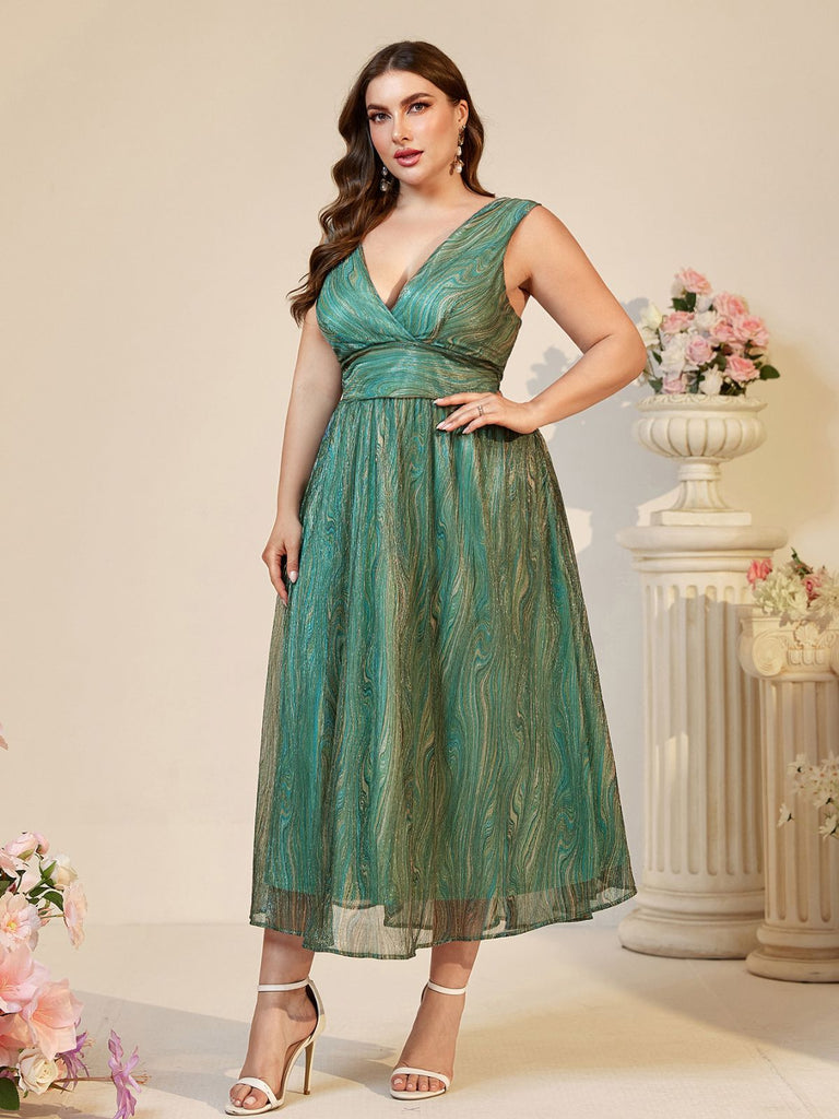 [Grande Taille] Robe verte paillettes et imprimé marbre décolleté plongeant années 80