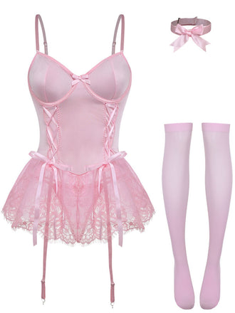 Ensemble body corset orné de dentelle des années 1960