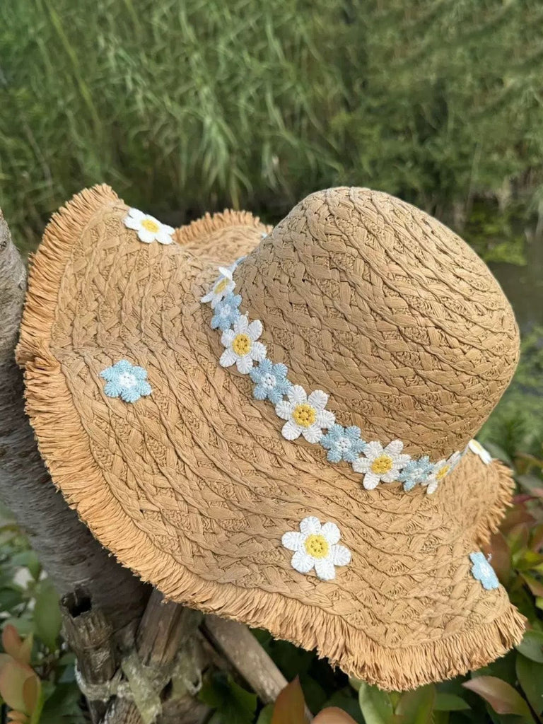 Chapeau de soleil à franges en raphia 3D à motif marguerite