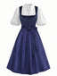 3PCS Robe Velours Jacquard Bleu Foncé & Tablier & Haut en Dentelle Années 1950