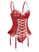 Corset en dentelle rouge avec nœud et bas assortis années 1960