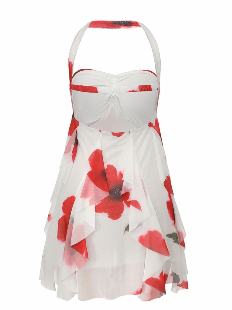 Robe babydoll rouge dos nu et ourlet asymétrique années 1960