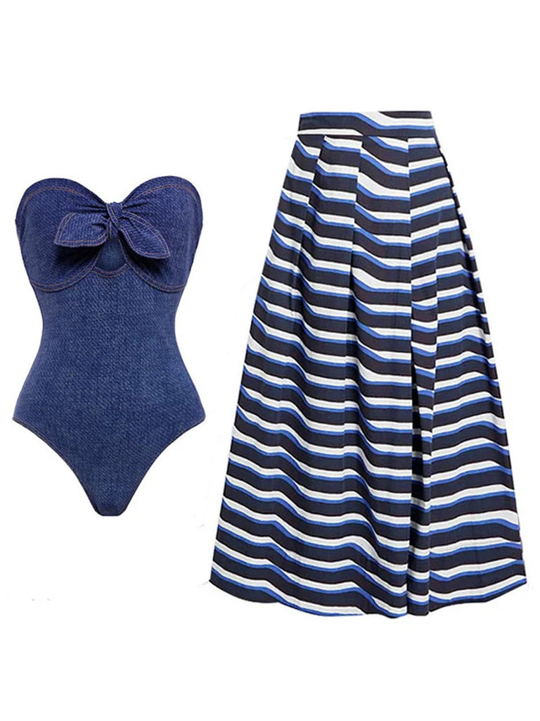 2PCS Maillot de bain bustier en jean à nœud et paréo rayé années 1980