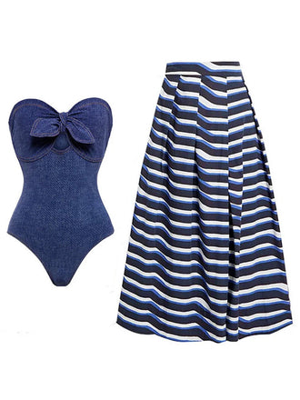 2PCS Maillot de bain bustier en jean à nœud et paréo rayé années 1980