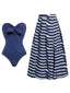 2PCS Maillot de bain bustier en jean à nœud et paréo rayé années 1980