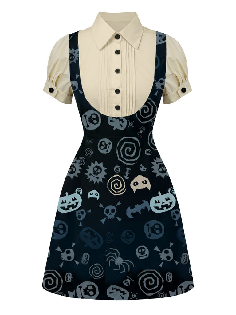 [Prévente] Robe gilet bleue imprimé Halloween et chemisier jaune des années 1960