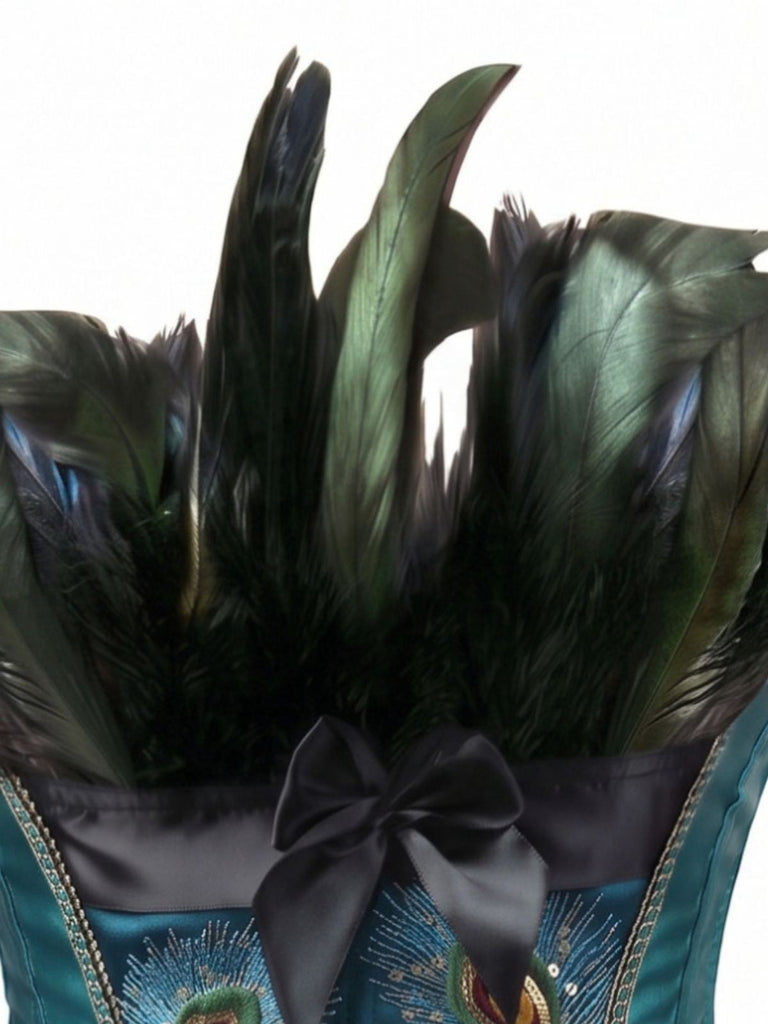 2PCS Corset brodé de motifs de plumes de paon et jupe plissée en tulle