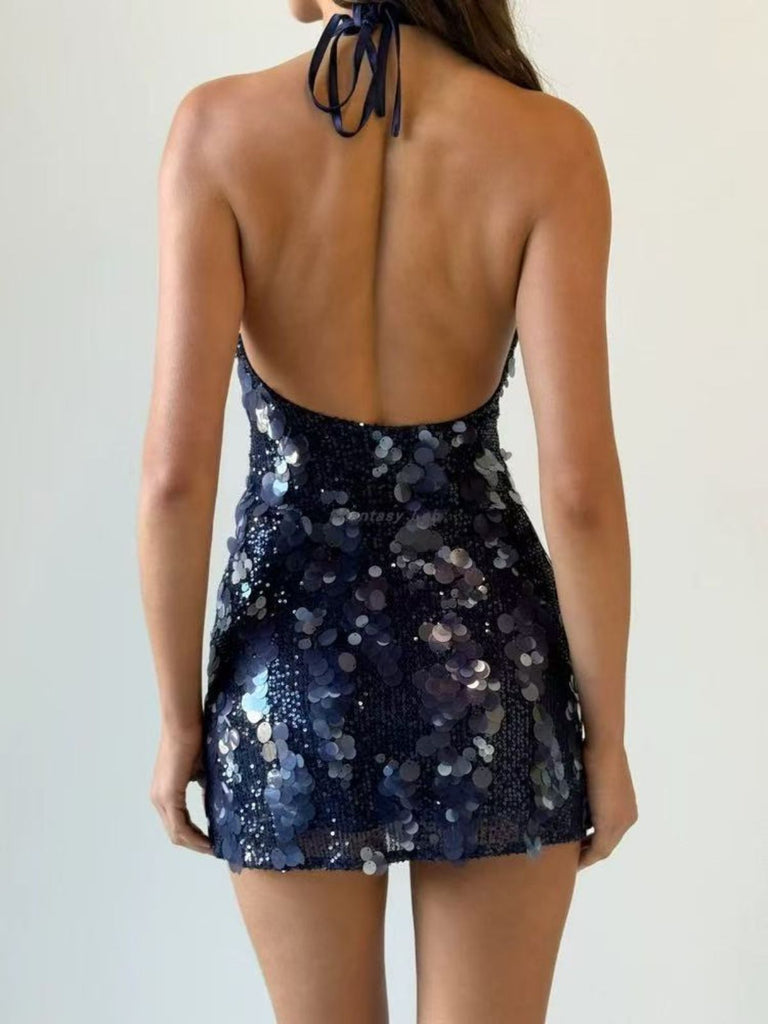 Robe nuisette unie à sequins bleu foncé années 2000