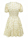 Robe jaune à fleurs et col en V manches bouffantes années 1960