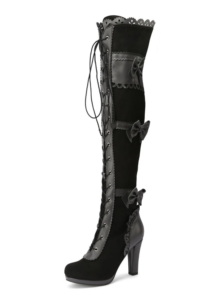 Bottes hautes à talons lacets et nœud style vintage