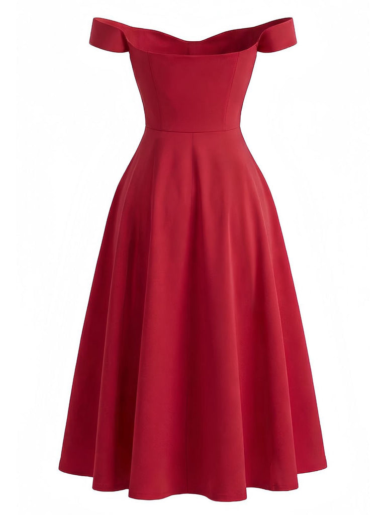 Robe rouge unie épaules dénudées et fente style sirène années 1950