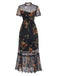 Robe midi noire à volants en résille florale années 1930