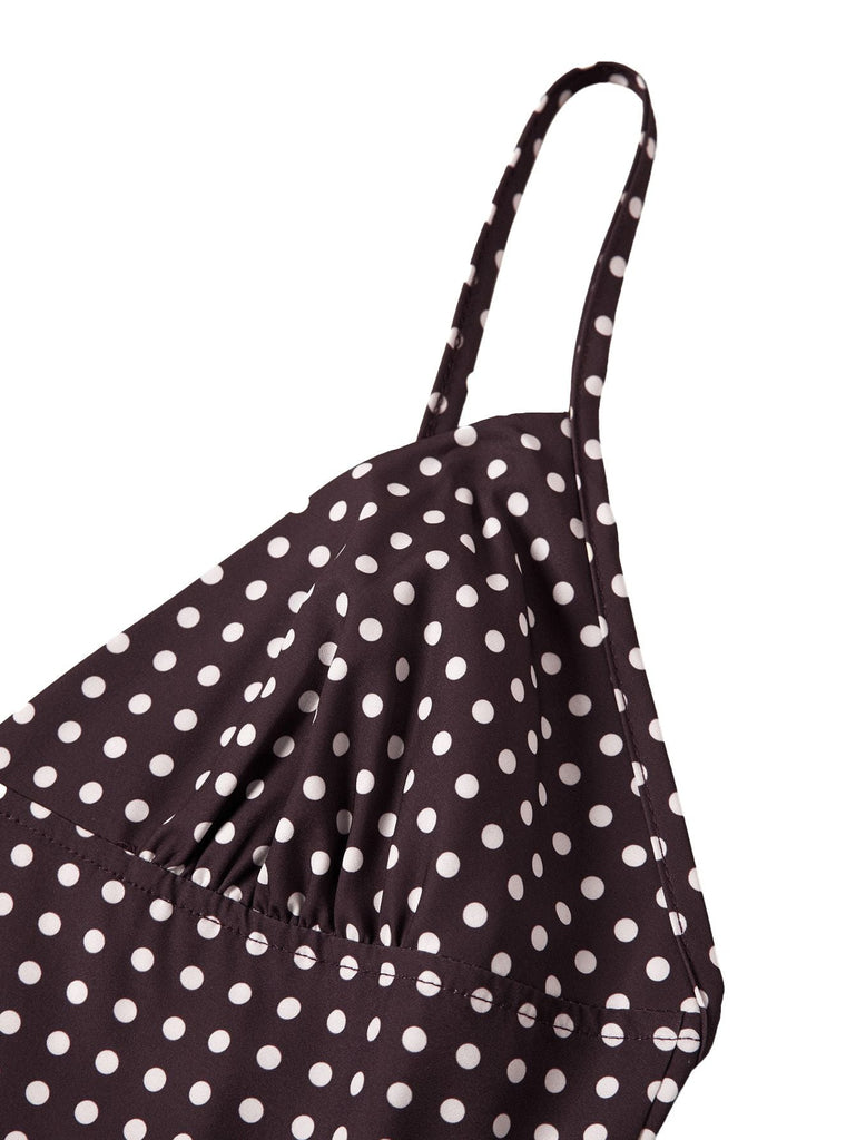 Robe marron à pois col en V et bretelles spaghetti années 1980