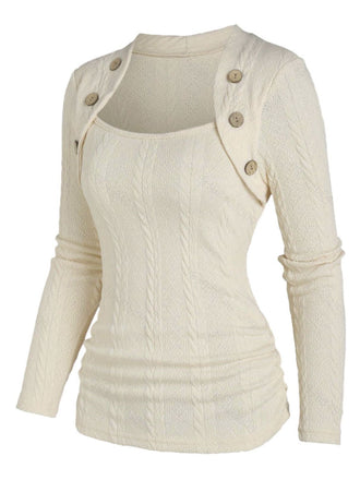 Beige 1960s Solid Faux Button Knitted Sweater