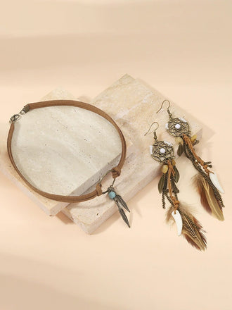 Boucles d'oreilles et collier ras du cou attrape-rĂȘves et plumes