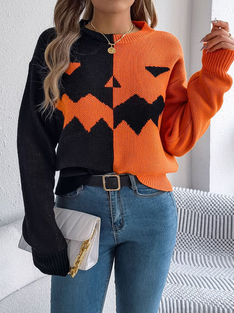 Pull en tricot colorblock à motif citrouille Halloween années 1940