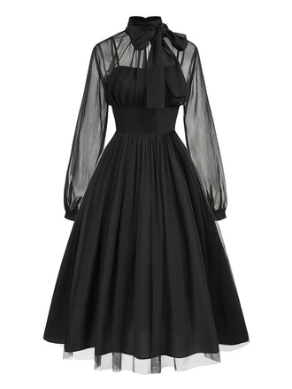 [Pré-vente] Robe noire à lacets en maille transparente patchwork années 1950