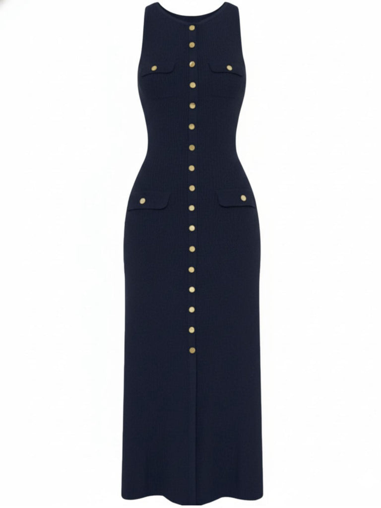 Robe tricotée unie sans manches simple boutonnage années 1960