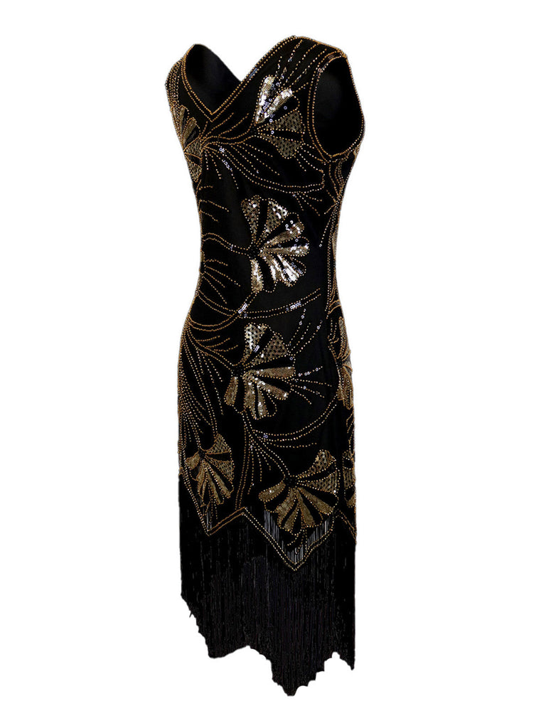 Robe col en V et perles pailletées des années 1920