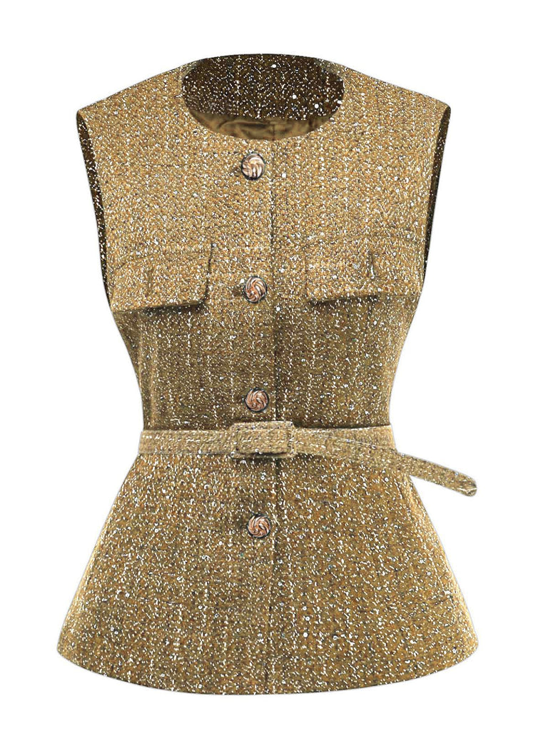 Gilet en tweed uni à boutons et ceinture années 1960