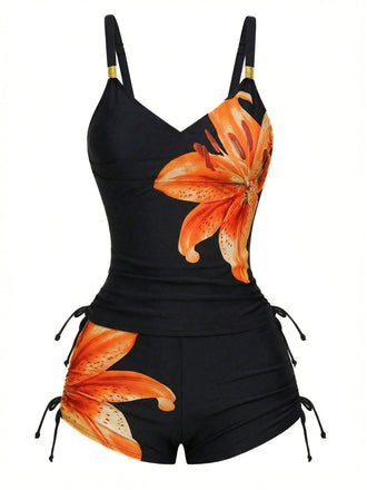 Tankini orange à lacets uni à motif floral années 1950