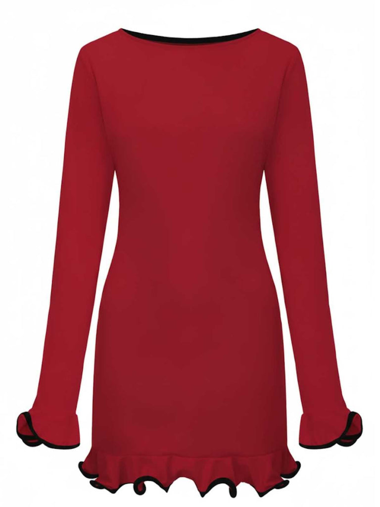 Robe rose manches longues et ourlet volants style années 60